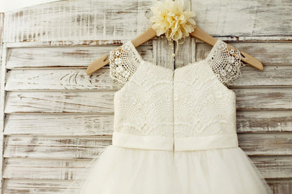 Lace Cap Sleeves Ivory Tulle TUTU Flower Girl Dress