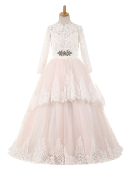 Lace Tulle Bows Satin Pageant Dresses Round Neck Long Sleeve Sash Blush Pink Floor Length Party Dress-showprettydress