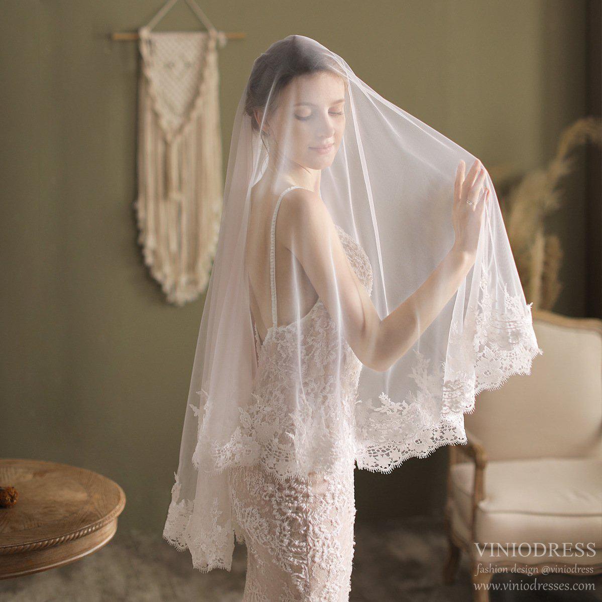 Lacy Blusher Veil Fingertip Length Bridal Veil-Accessories-Viniodress-Ivory-Viniodress