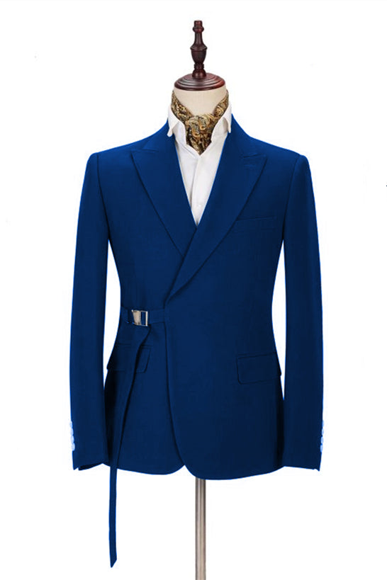 Latest Royal Blue Men's Casual Suit Online Peak Lapel Buckle Button Groomsmen Suit for Formal-showprettydress