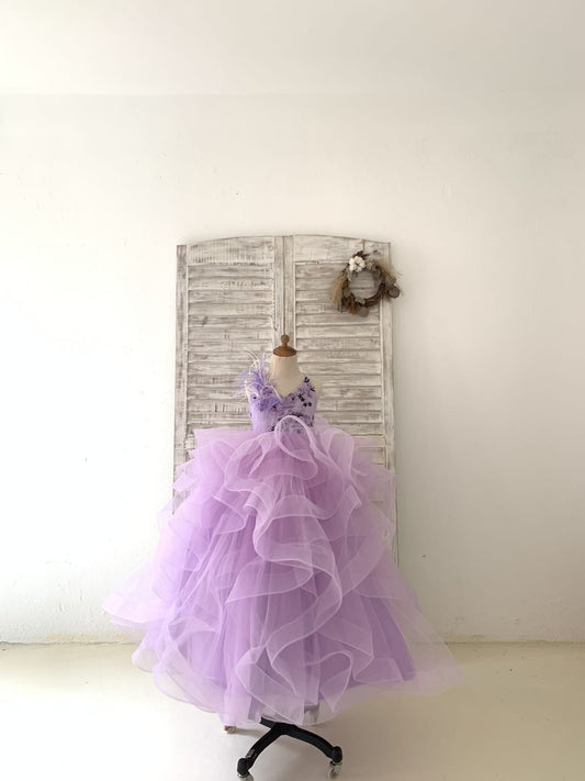 Lavender Lace Tulle Wedding Flower Girl Dress Kids Party 