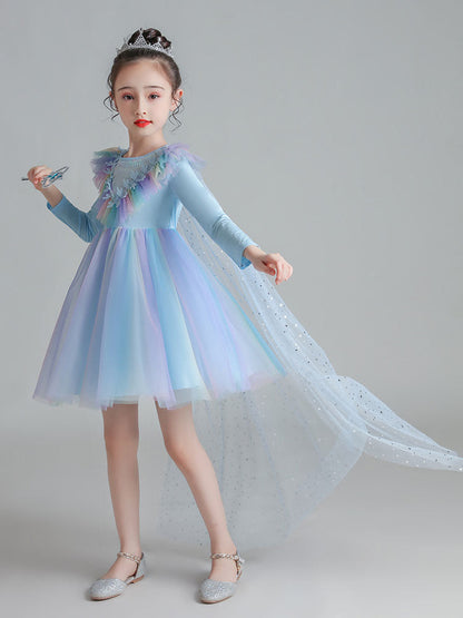 Light Blue Designed Neckline Polyester Sleeveless Short A-Line Polyester Cotton Tulle Sequins Kids Social Party Dresses-showprettydress