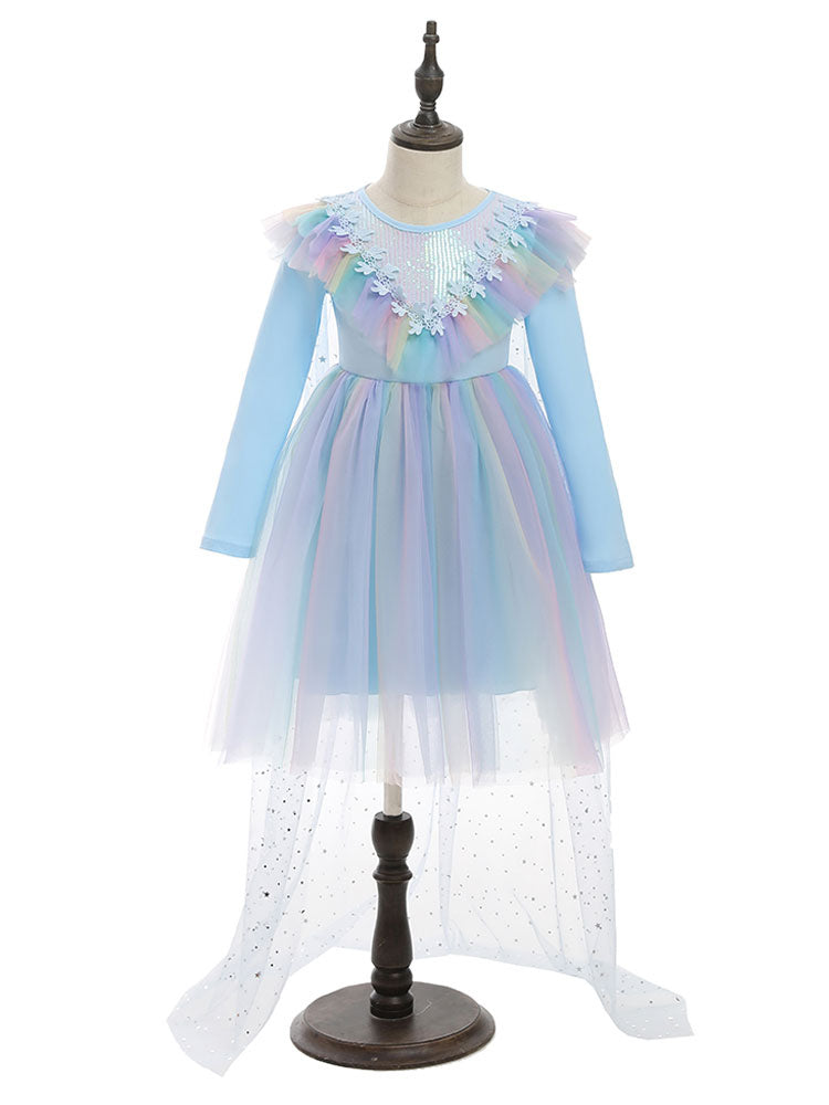 Light Blue Designed Neckline Polyester Sleeveless Short A-Line Polyester Cotton Tulle Sequins Kids Social Party Dresses-showprettydress