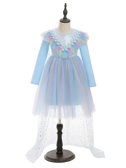 Light Blue Designed Neckline Polyester Sleeveless Short A-Line Polyester Cotton Tulle Sequins Kids Social Party Dresses-showprettydress