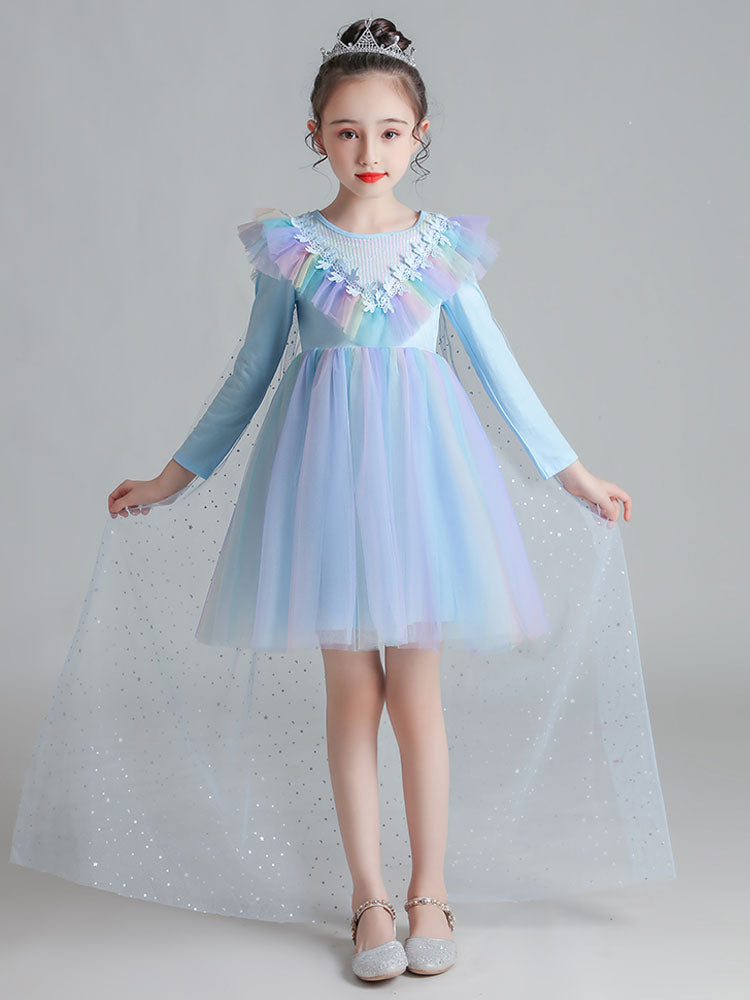 Light Blue Designed Neckline Polyester Sleeveless Short A-Line Polyester Cotton Tulle Sequins Kids Social Party Dresses-showprettydress