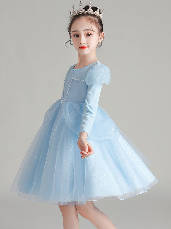 Light Blue Jewel Neck Polyester Cotton Long Sleeves Short A-Line Beaded Formal Kids Pageant flower girl dresses-showprettydress