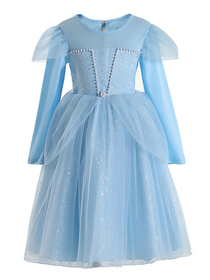 Light Blue Jewel Neck Polyester Cotton Long Sleeves Short A-Line Beaded Formal Kids Pageant flower girl dresses-showprettydress