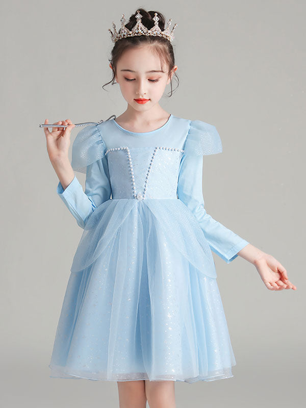 Light Blue Jewel Neck Polyester Cotton Long Sleeves Short A-Line Beaded Formal Kids Pageant flower girl dresses-showprettydress