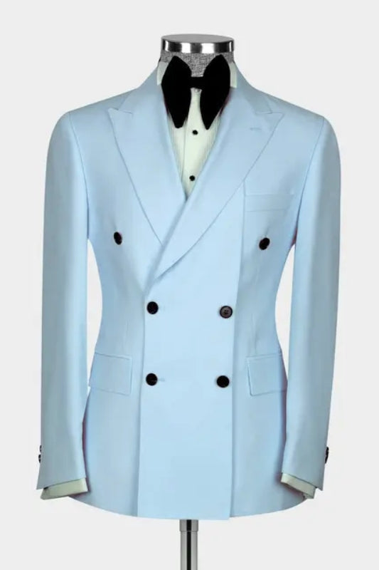 Adolph Light Blue Peaked Lapel Double Breasted Modern Prom Suits