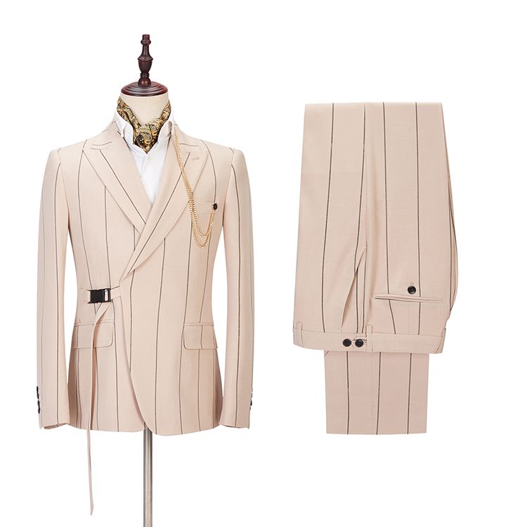 Light Champagne Designer Striped Peaked Lapel Men's Prom Suits-showprettydress