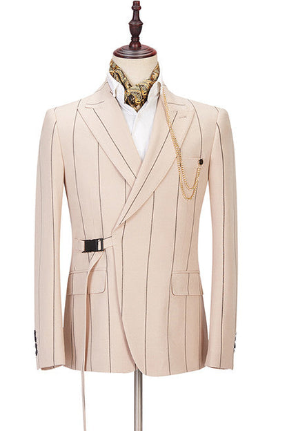 Light Champagne Designer Striped Peaked Lapel Men's Prom Suits-showprettydress