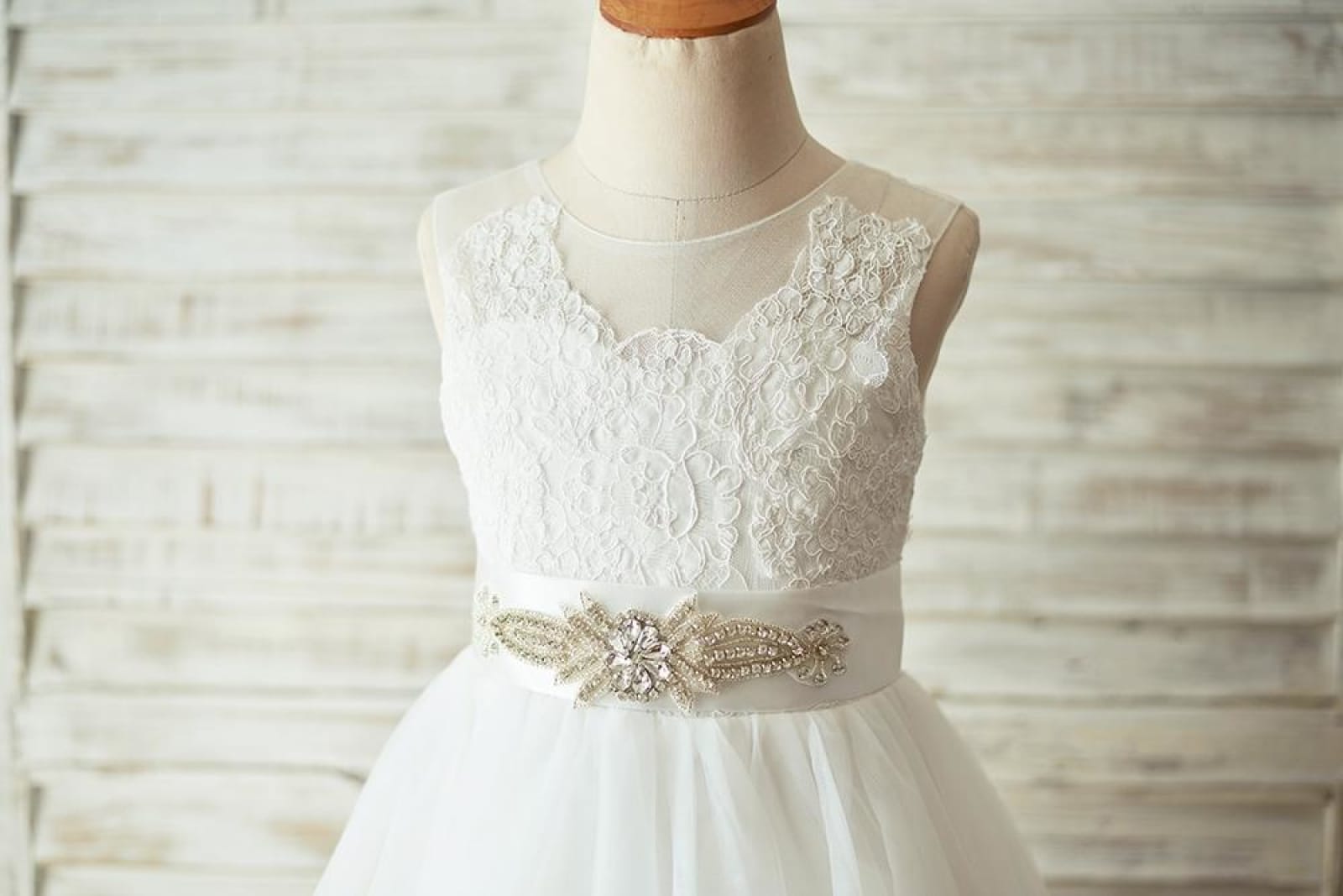 Light Champagne Lace Tulle Sheer Back Wedding Flower Girl 