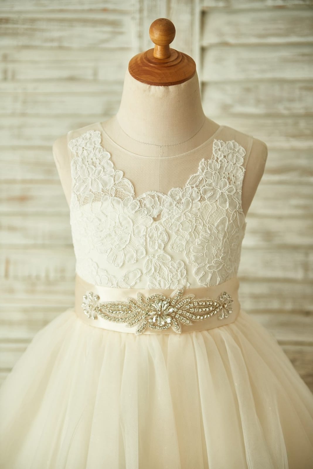 Light Champagne Lace Tulle Sheer Back Wedding Flower Girl 