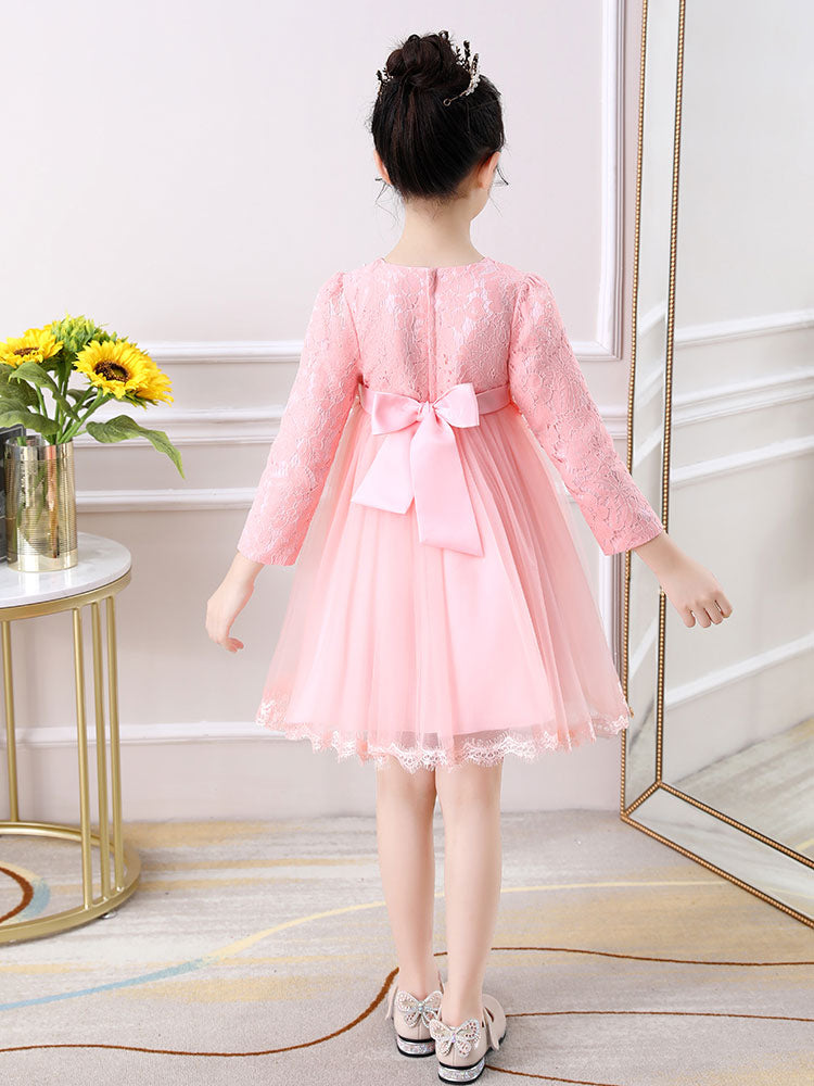 Light Pink Jewel Neck Long Sleeves Beaded Tulle Lace Kids Social Party Dresses-showprettydress