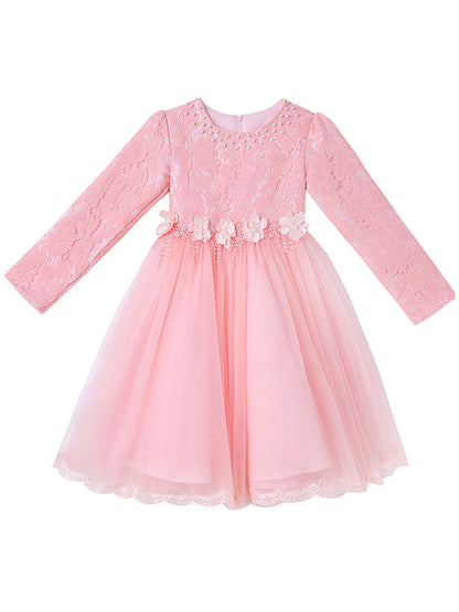 Light Pink Jewel Neck Long Sleeves Beaded Tulle Lace Kids Social Party Dresses-showprettydress