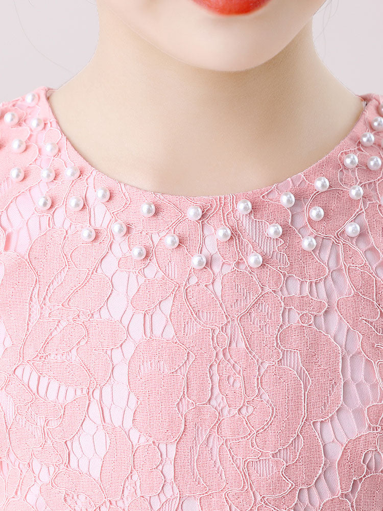 Light Pink Jewel Neck Long Sleeves Beaded Tulle Lace Kids Social Party Dresses-showprettydress