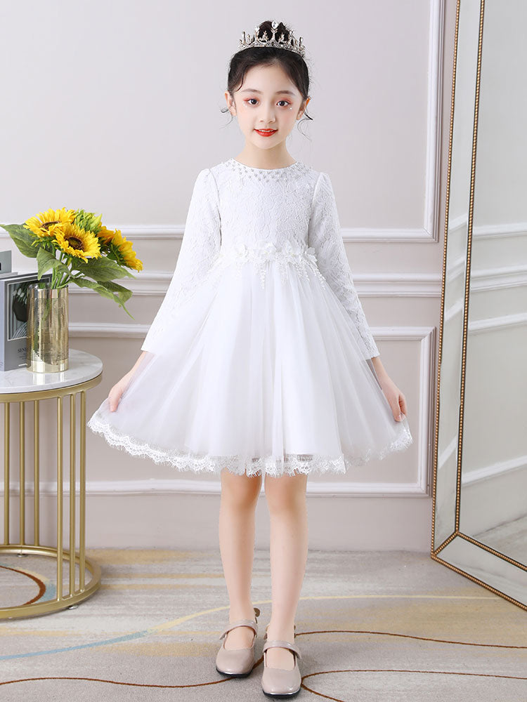 Light Pink Jewel Neck Long Sleeves Beaded Tulle Lace Kids Social Party Dresses-showprettydress