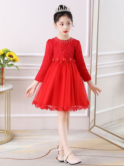 Light Pink Jewel Neck Long Sleeves Beaded Tulle Lace Kids Social Party Dresses-showprettydress