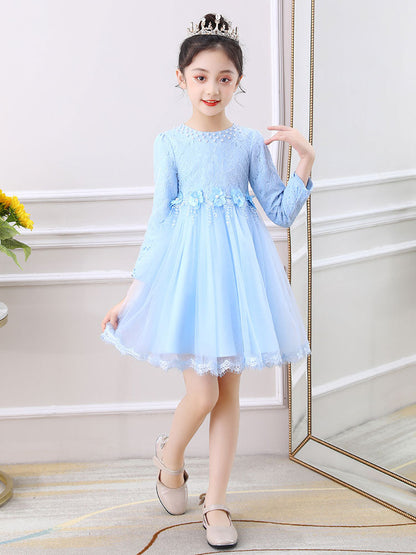 Light Pink Jewel Neck Long Sleeves Beaded Tulle Lace Kids Social Party Dresses-showprettydress