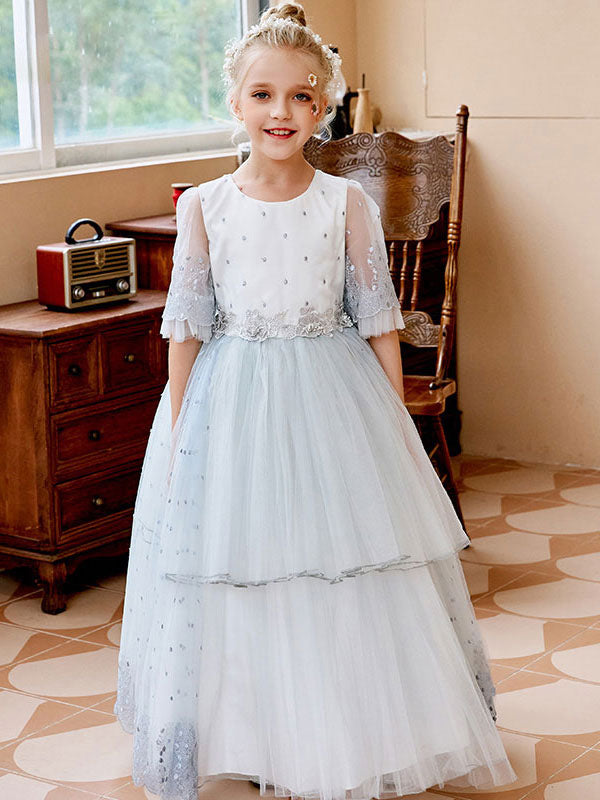 Light Pink Jewel Neck Short Sleeves Sash Lace Tulle Formal Kids Pageant flower girl dresses-showprettydress