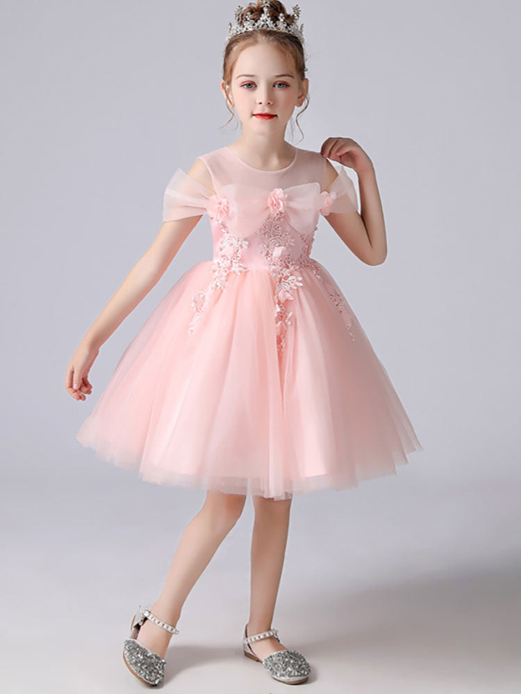 Light Pink Jewel Neck Short Sleeves Short A-Line Flowers Kids Party Dresses-showprettydress