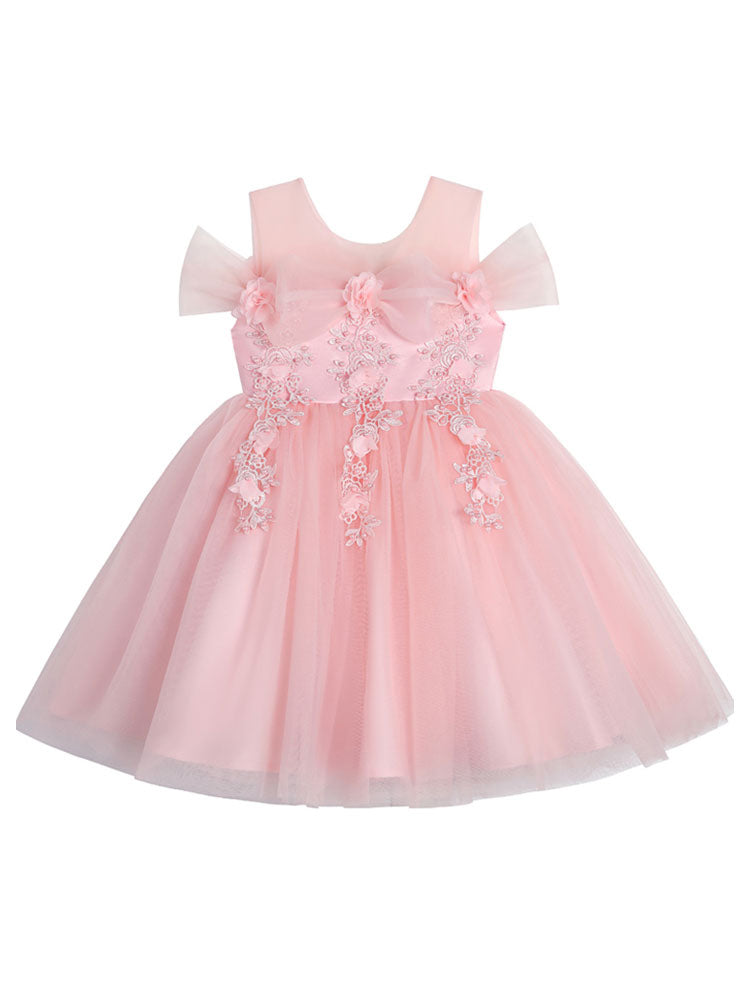 Light Pink Jewel Neck Short Sleeves Short A-Line Flowers Kids Party Dresses-showprettydress