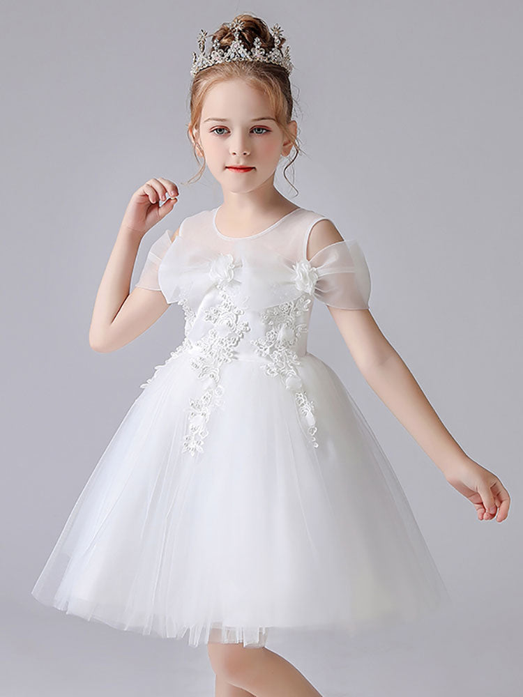 Light Pink Jewel Neck Short Sleeves Short A-Line Flowers Kids Party Dresses-showprettydress