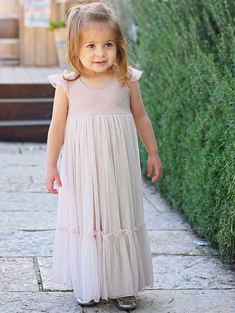 Light Pink Jewel Neck Sleeveless Ankle-Length A-Line Lace Kids Party Dresses-showprettydress