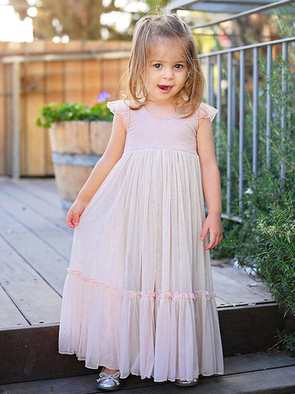 Light Pink Jewel Neck Sleeveless Ankle-Length A-Line Lace Kids Party Dresses-showprettydress