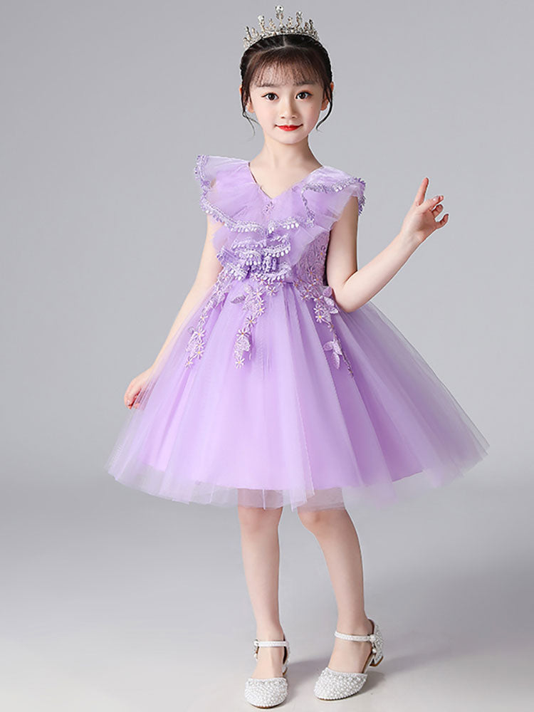 Light Sky Blue Designed Neckline Tulle Sleeveless Short A-Line Embroidered Kids Social Party Dresses-showprettydress