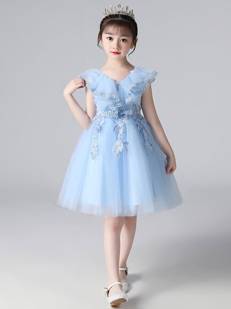 Light Sky Blue Designed Neckline Tulle Sleeveless Short A-Line Embroidered Kids Social Party Dresses-showprettydress