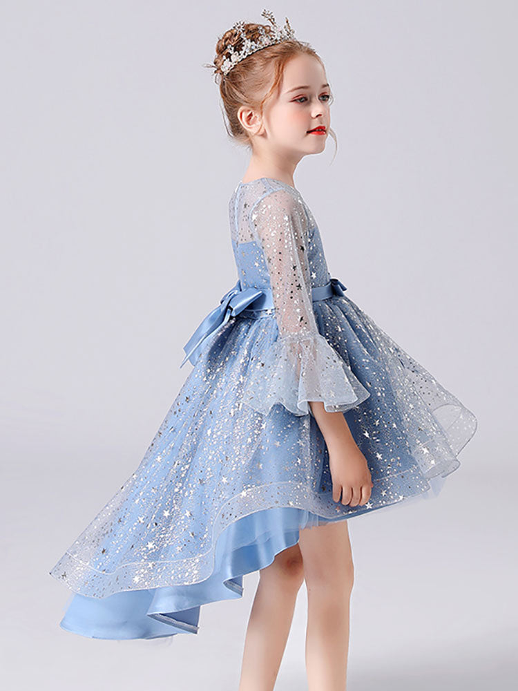 Light Sky Blue Jewel Neck Half Sleeves Sequins Formal Kids Pageant flower girl dresses-showprettydress