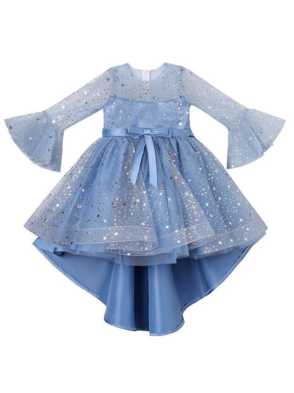 Light Sky Blue Jewel Neck Half Sleeves Sequins Formal Kids Pageant flower girl dresses-showprettydress