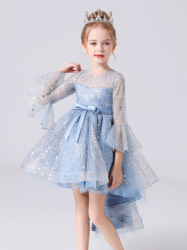 Light Sky Blue Jewel Neck Half Sleeves Sequins Formal Kids Pageant flower girl dresses-showprettydress