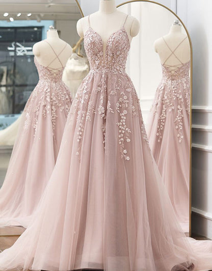 Roycebridal Frances |A-line Spaghetti Straps Tulle Prom Dress with Appliques