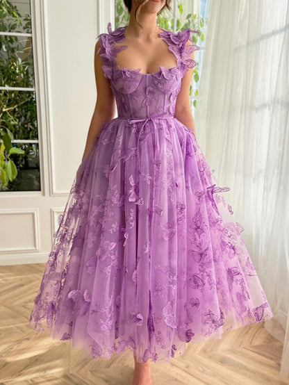 Roycebridal Leah | Aline Tulle Midi Prom Dress with 3D Butterflies