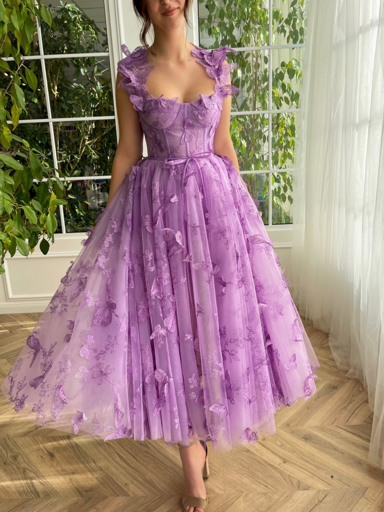 Roycebridal Leah | Aline Tulle Midi Prom Dress with 3D Butterflies