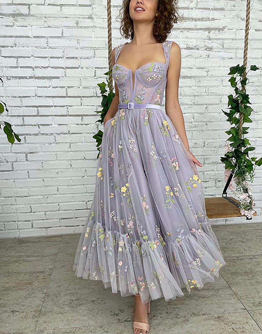 Roycebridal Alicia |A-line Lilac Tea Length Tulle Prom Dress with Embroidery