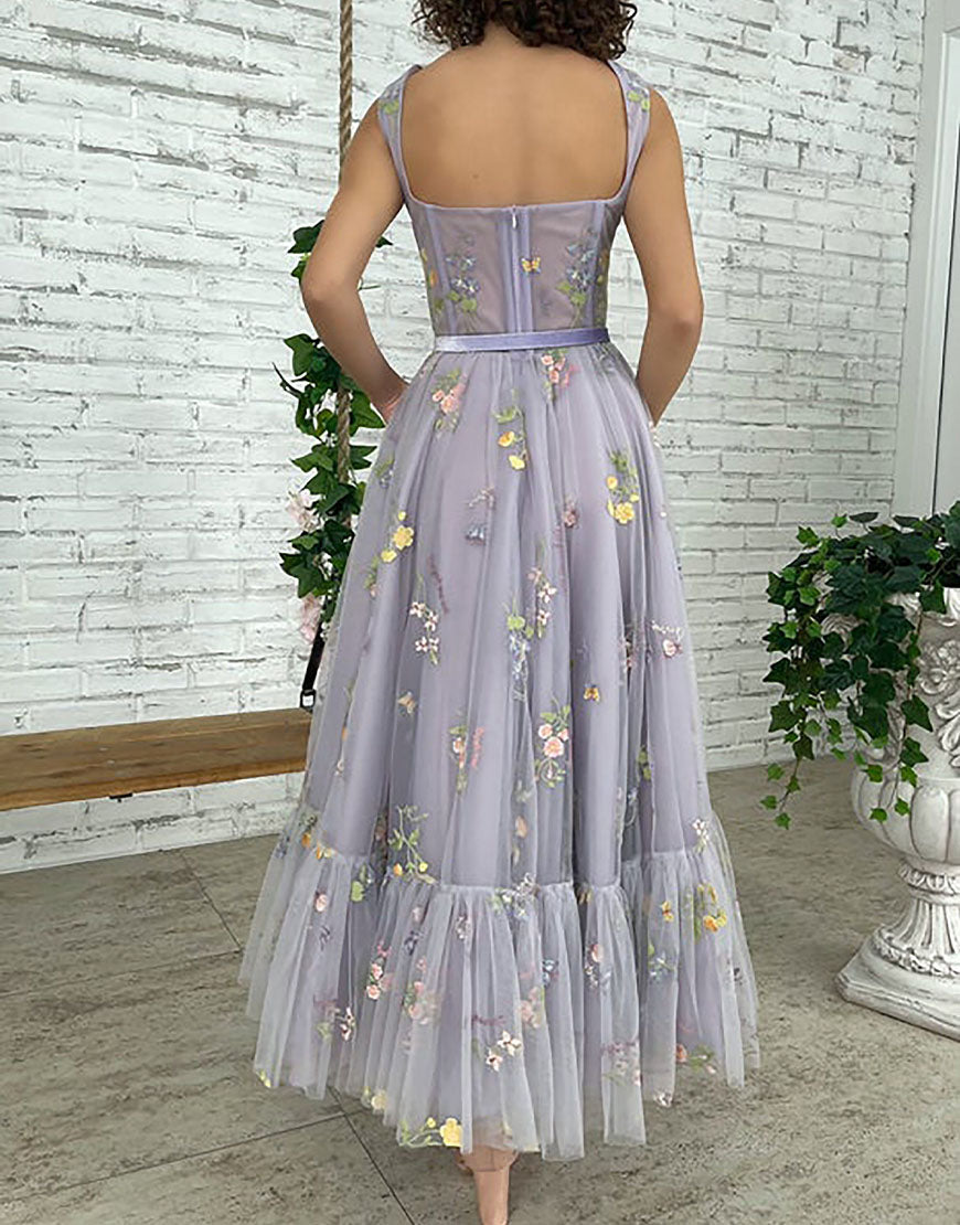 Roycebridal Alicia |A-line Lilac Tea Length Tulle Prom Dress with Embroidery