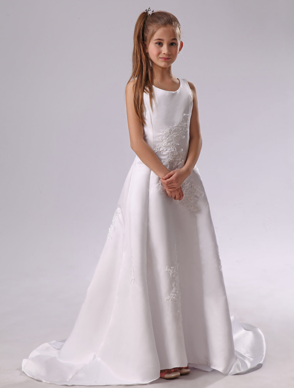 Long Backless Applique Satin White flower girl dress-showprettydress