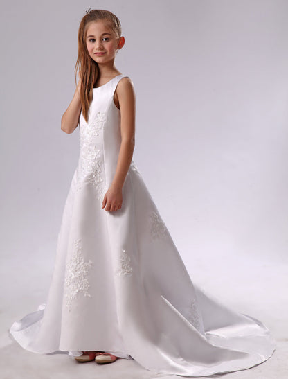 Long Backless Applique Satin White flower girl dress-showprettydress