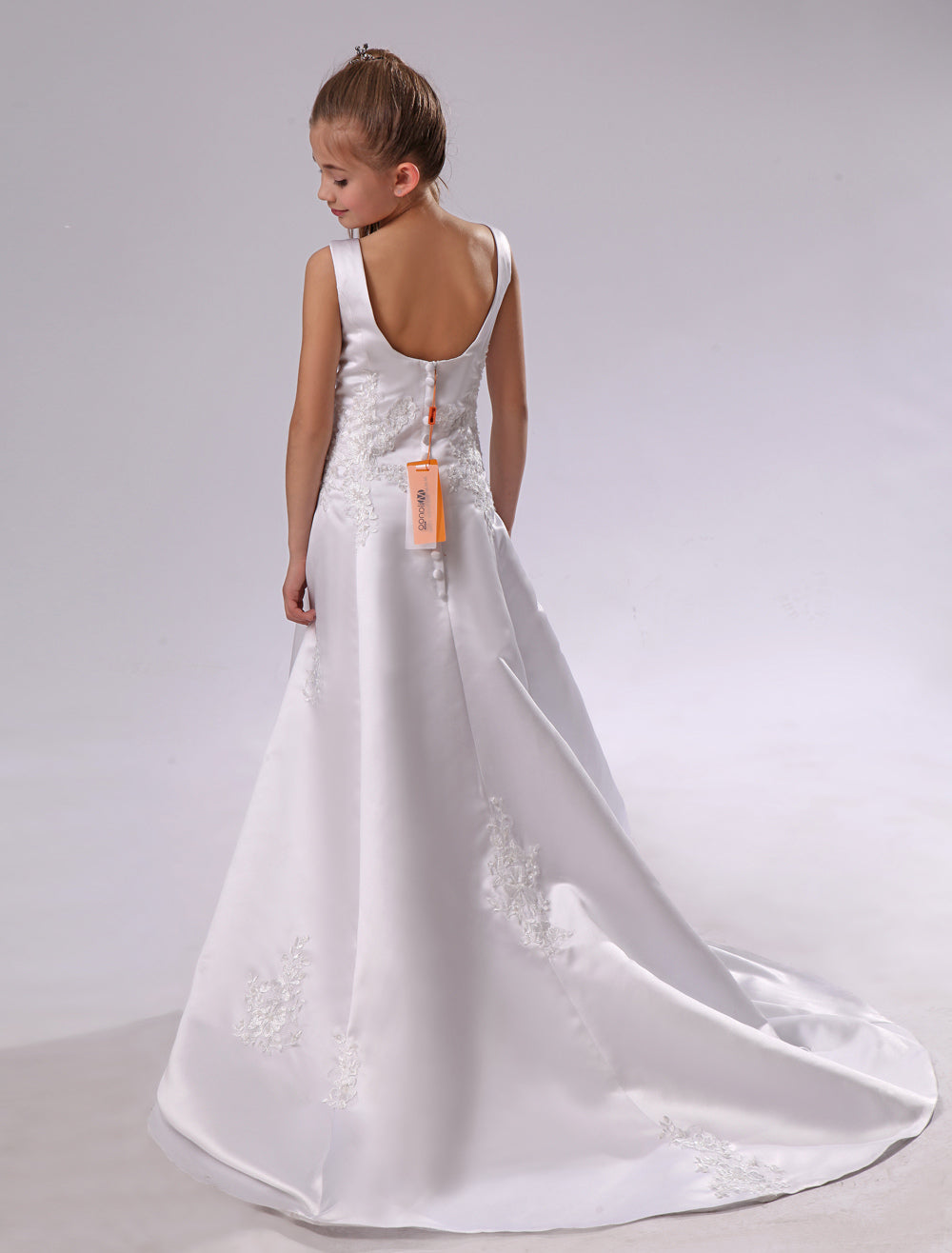 Long Backless Applique Satin White flower girl dress-showprettydress