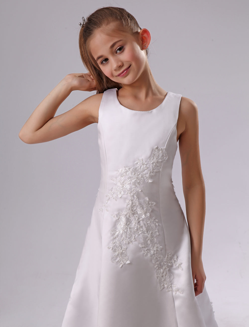 Long Backless Applique Satin White flower girl dress-showprettydress