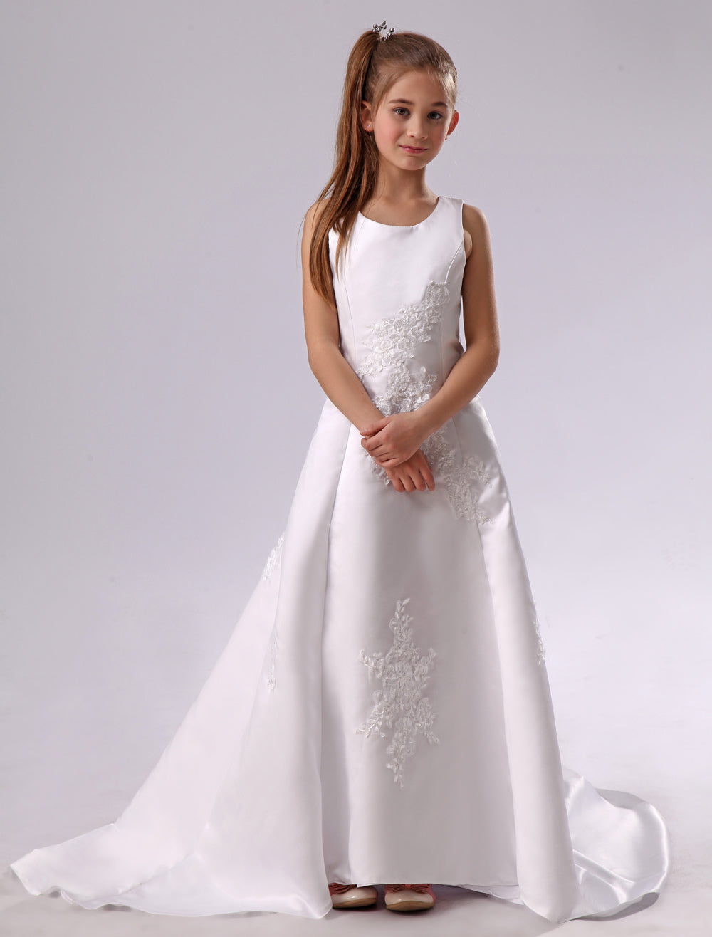 Long Backless Applique Satin White flower girl dress-showprettydress