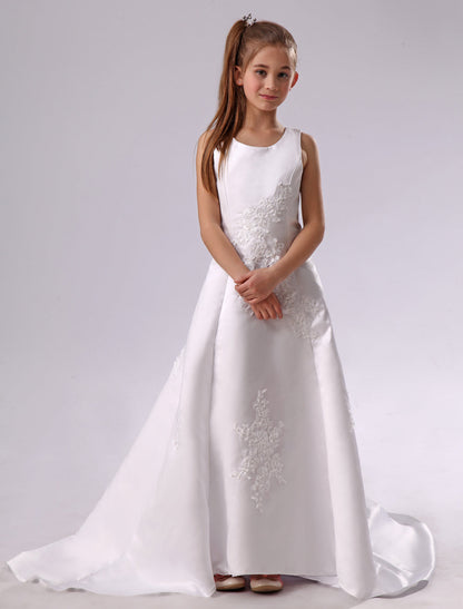 Long Backless Applique Satin White flower girl dress-showprettydress