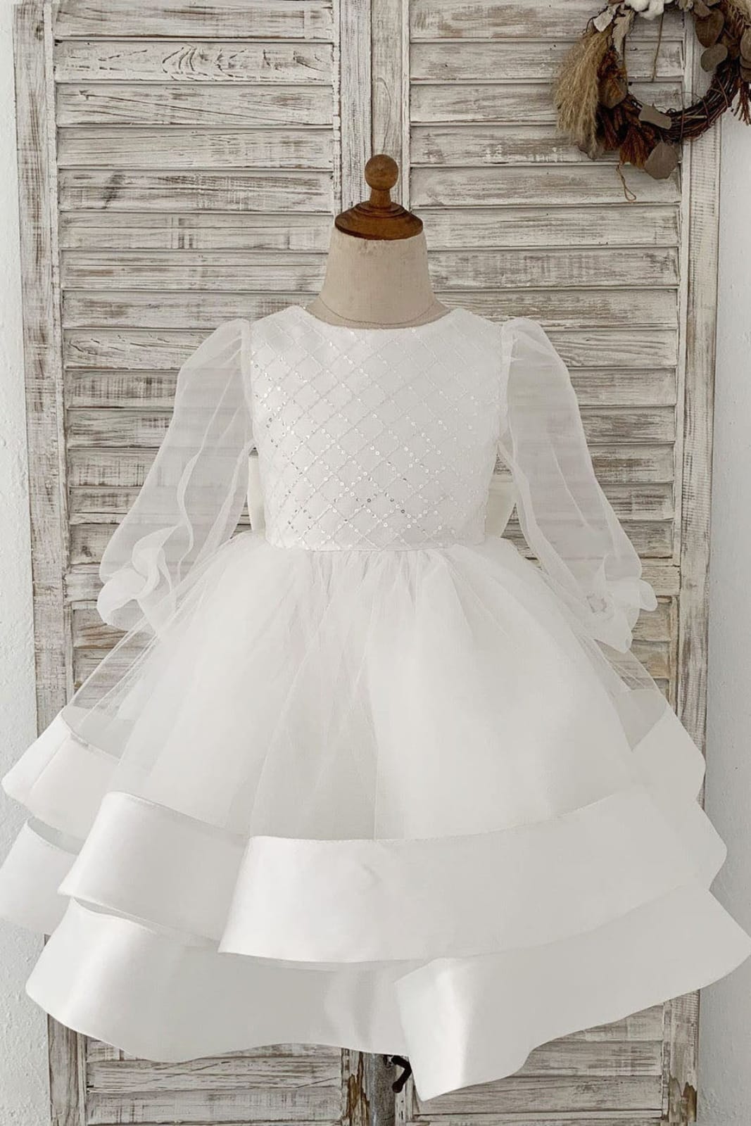 Long Organza Sleeves Sequin Tulle V Back Wedding Flower Girl