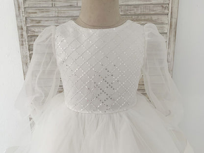 Long Organza Sleeves Sequin Tulle V Back Wedding Flower Girl