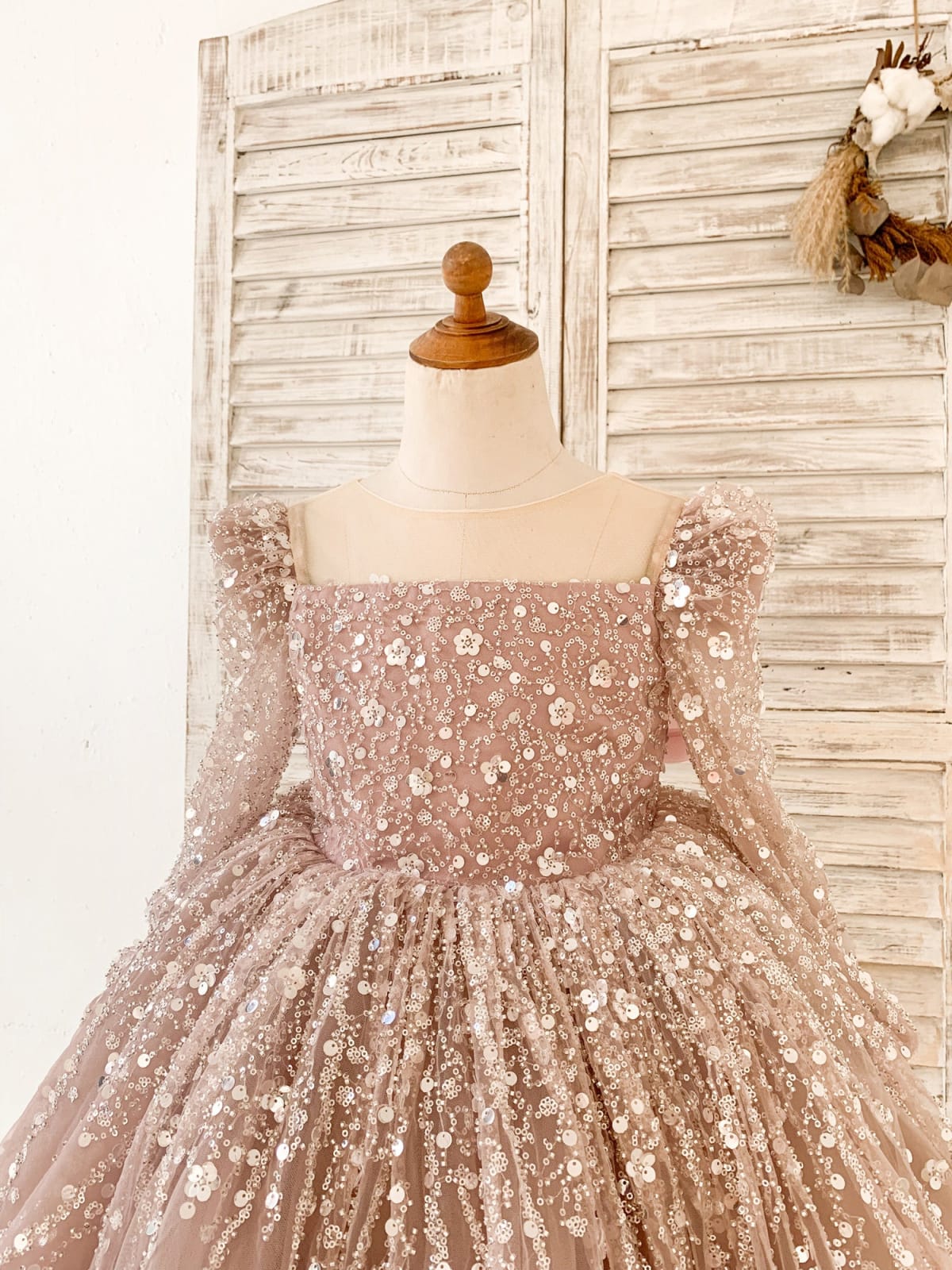 Long Sleeves Mauve Crystal Beaded Wedding Flower Girl Dress 