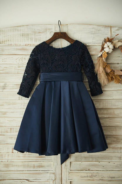 Long Sleeves Navy Blue Lace Satin Wedding Flower Girl Dress 