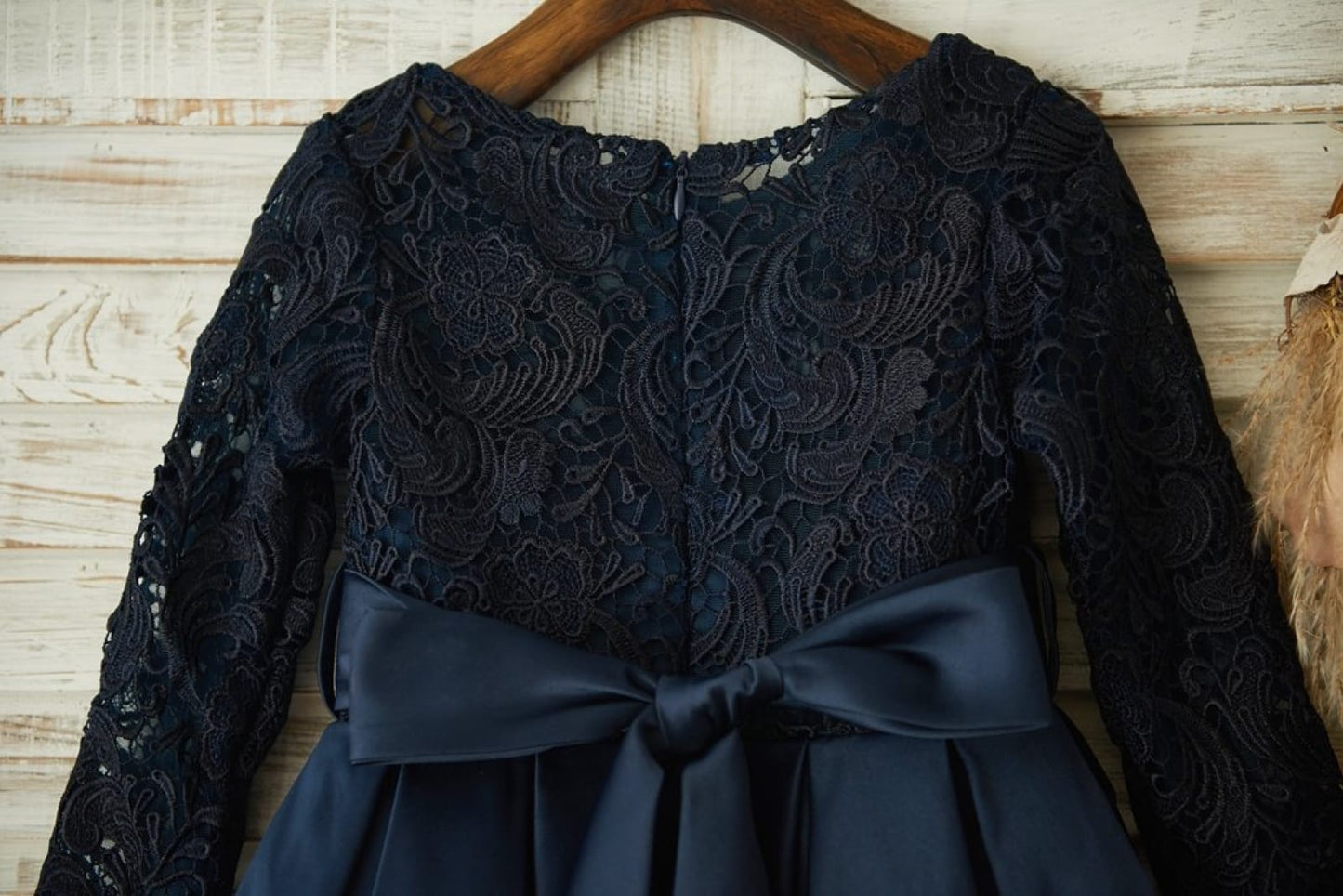 Long Sleeves Navy Blue Lace Satin Wedding Flower Girl Dress 